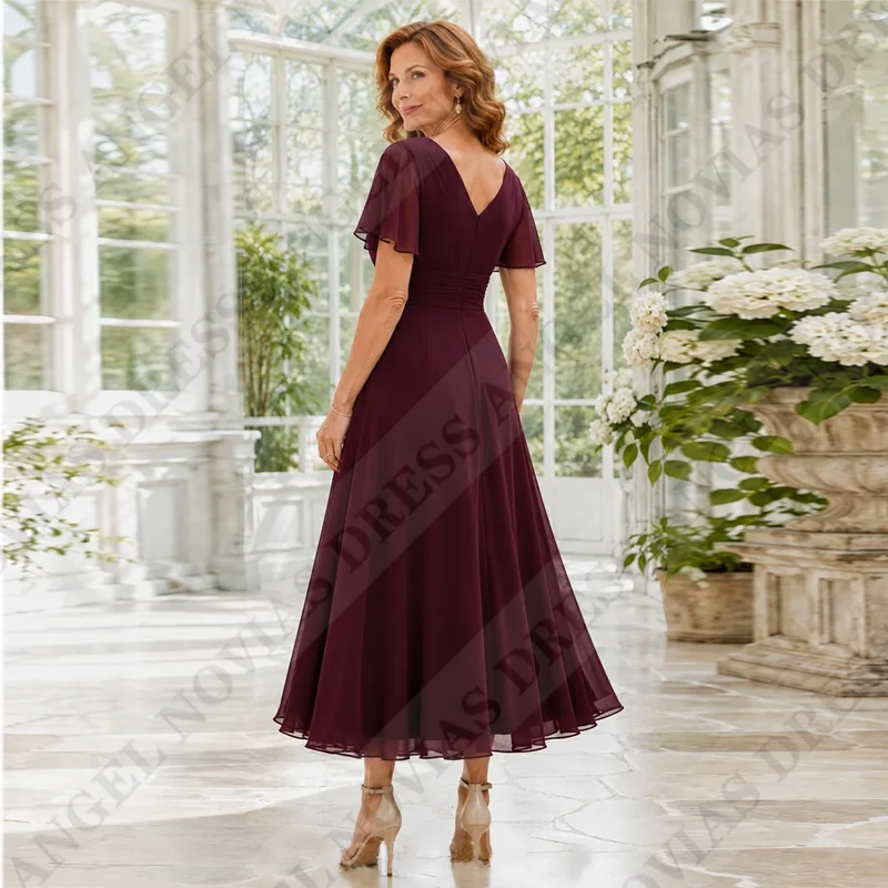 Customized Tea Length Burgundy Mother of the Bride Dresses V Neck Wedding Party Dress robe de soirée mariage