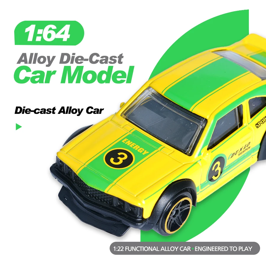نموذج سيارة سباق مصنوع من خليط معدني 1:64، لون أصفر وأخضر، لعبة للأولاد، هدية إبداعية لعيد الميلاد والهالوين، تفاعل عائلي، متعدد الوظائف للعب والتجميع والتزيين #1