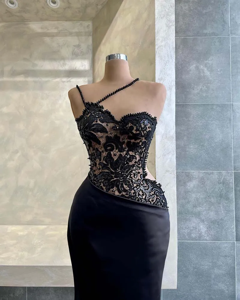 Black Mermaid Evening Dress Sleeveless Lace Appliques Party Dresses Spaghetti Straps Sweetheart Prom Gowns Robe de Soiree 2022