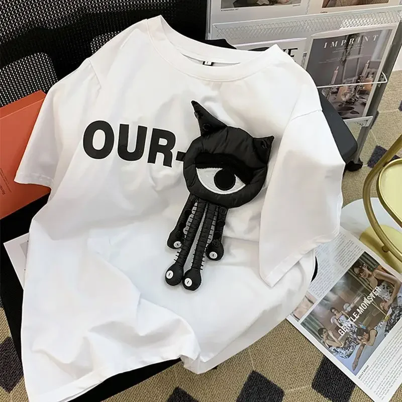 Three-dimensional decorative short-sleeved T-shirt women's summer plus size loose and slim fashion Joker meat cover top - Image 2