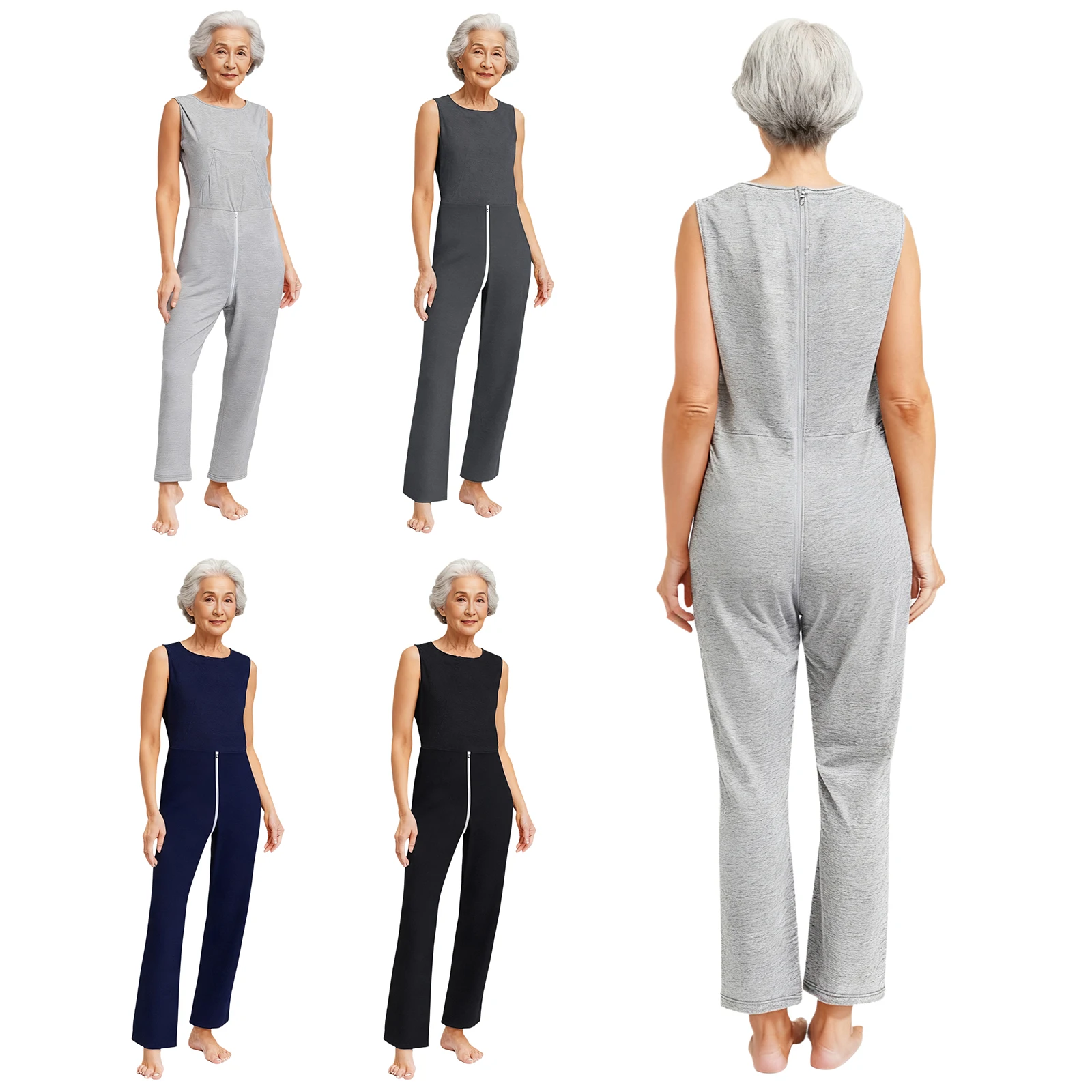 Donna Uomo Anti-Strip Adaptive Un pezzo per paziente anziano Tuta Girocollo Senza maniche Doppia estremità Cerniera Pantaloni lunghi Pagliaccetti