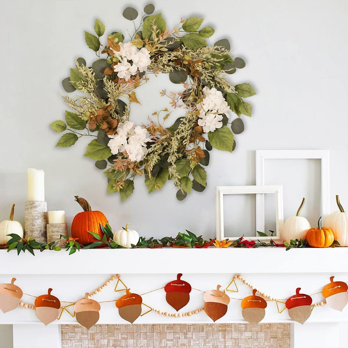 

Artificial Hydrangea Eucalyptus Leaves Wreath, 19.6in Spring Summer Wreaths for Front Door, Farmhouse Wreaths Outdoor