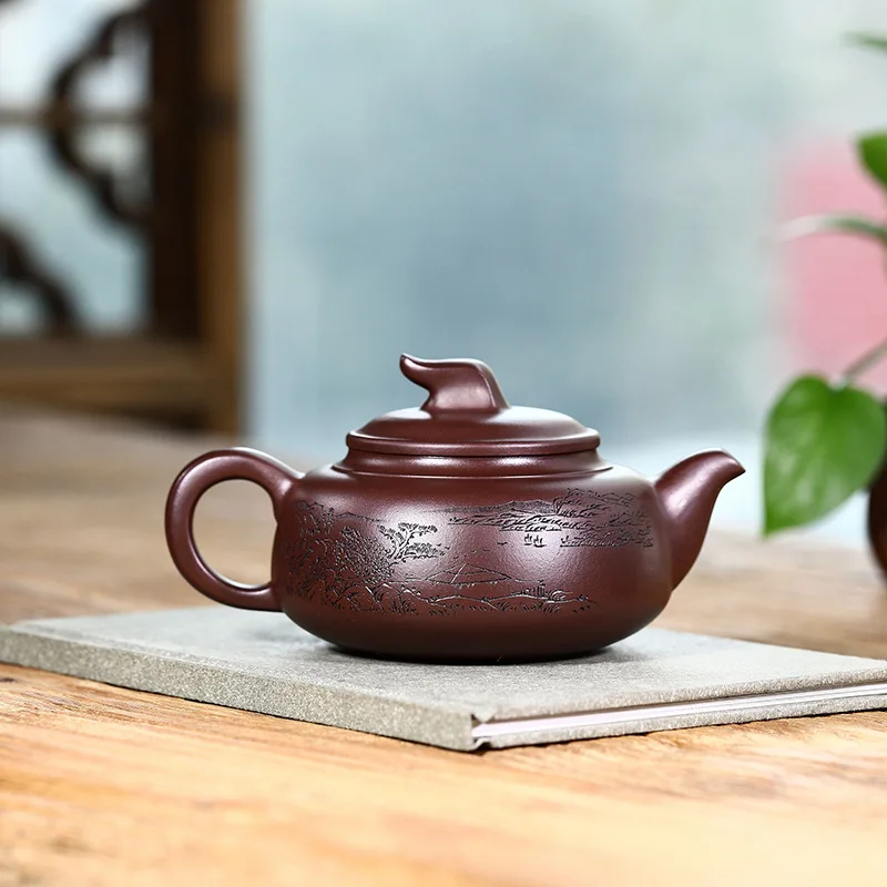 Drop-Shipping Handmade Yixing Pure Raw Ore Purple Clay Teapot With Engraved Design High-End Tea Set Setting Sail For Success