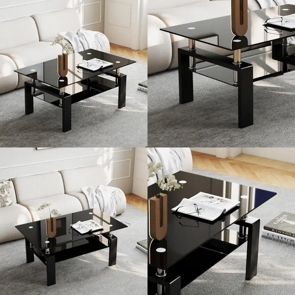 

Modern Tempered Glass Coffee Table with Storage, Black Metal Legs, Suitable for Living Room and Bedroom