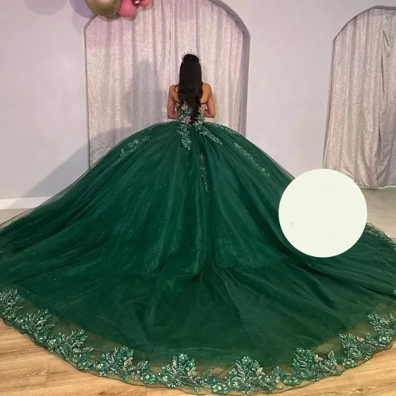 ANGELSBRIDEP-Robe Quinceanera verte émeraude avec perles en dentelle de cristal, robe de princesse pour fête d'anniversaire, robe éducative personnalisée, 15 ans