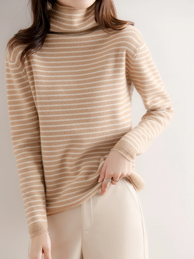 Striped Turtleneck Sweater for Women Autumn and Winter 2024 New Western Style Top Pile Collar Thickened Inner Wear Wool Sweater