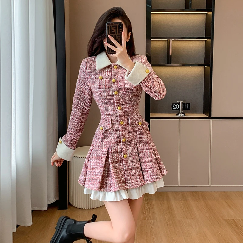 High Quality French Autumn Winter Women\'s Luxury Runway Celebrity Single Breasted Patchwork Tweed Woolen Office Fashion Dresses