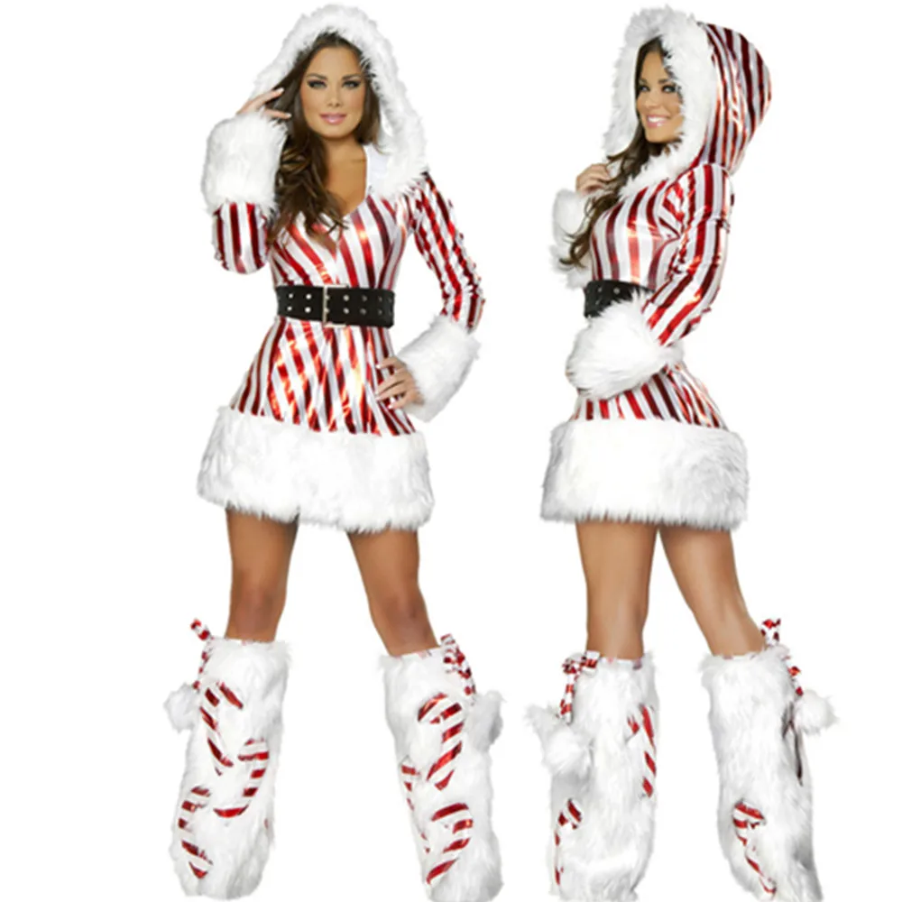 3Pcs/Set Women Christmas Hooded Dress Up Winter Velvet Striped Mrs Claus Santa Cosplay Costume Xmas Holidays Party Fancy Dress