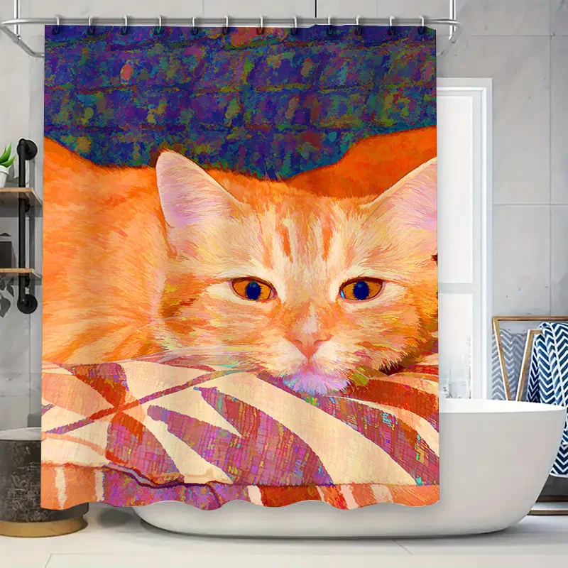 

Vibrant Orange Tabby Cat Shower Curtain Bathroom Decorative Fabric with Rainbow Stripes Design