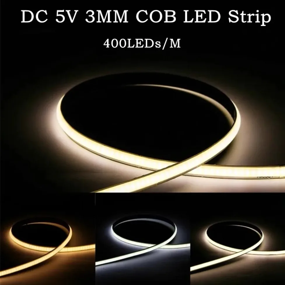 DC5V Ultra Thin 3mm COB LED Strip 400LEDs/M High Density Colorful Flexible Light with USB/DC Plug/2Pin Wire for DIY Home Decor