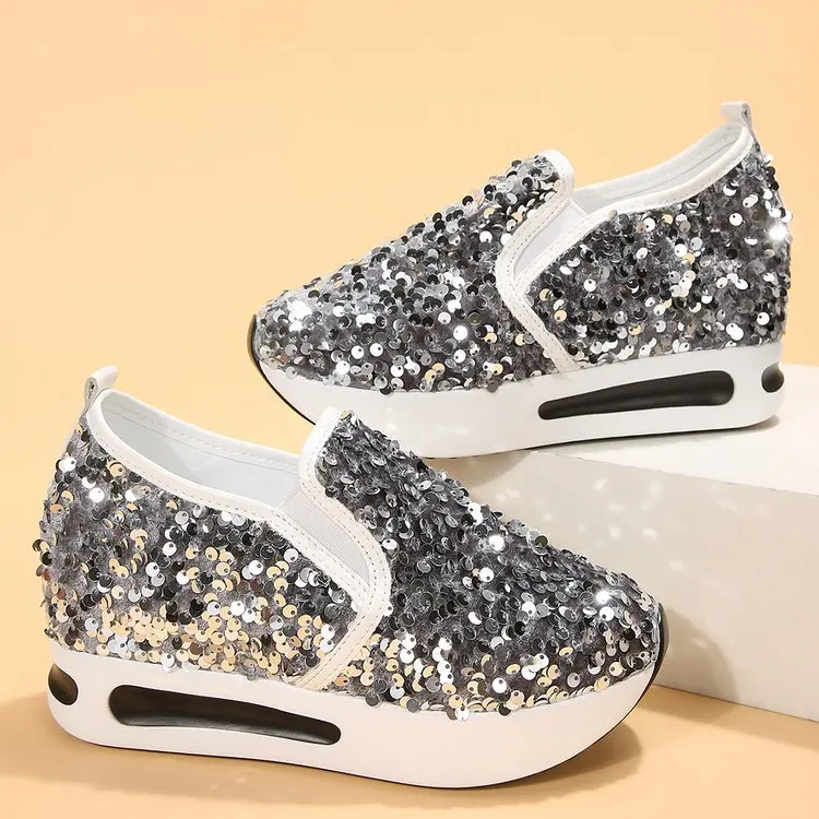 Women's Casual Flats with Hidden Heel, Mesh Upper, Breathable, and Sequined Running Shoes
