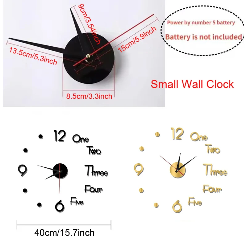 3D DIY Silent Wall Clock Black/Gold/Silver Simple Modern Punch-Free Wall Sticker Clock