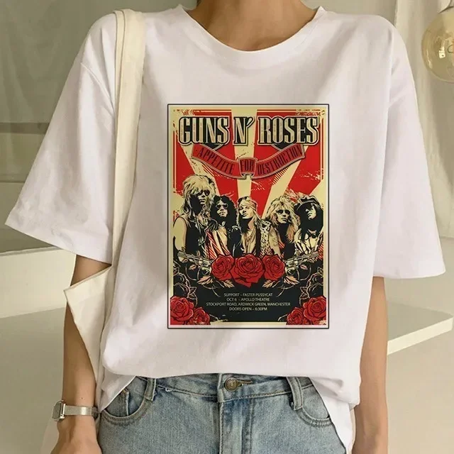 Pistola N Roses Street Rock Print  Hip Hop Tees  Punk T Shirt Fashion Guns N Roses T-Shirt Women White Tshirt Women Tops