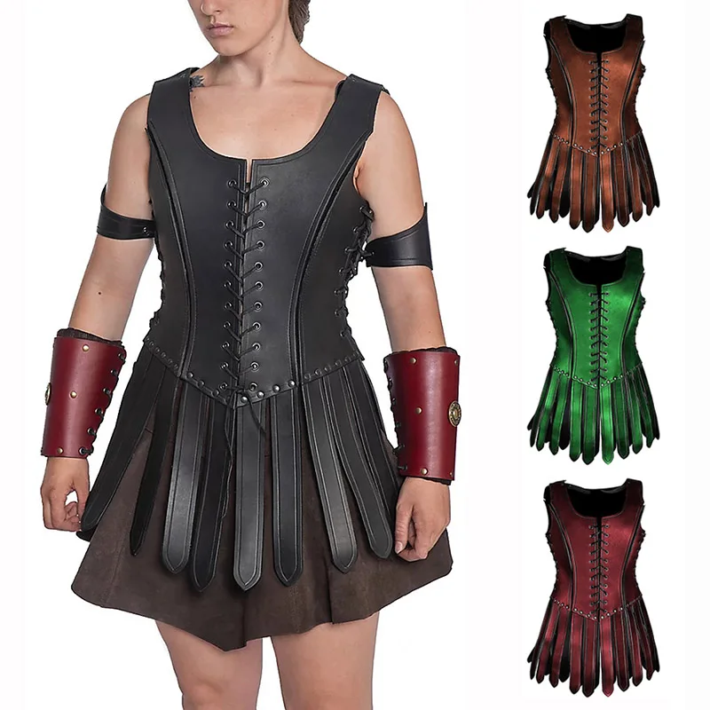 

Medieval Renaissance Women Leather Armor Dress Viking Pirate Knight Cosplay Costume Halloween Outfit Vest Coat LARP Tabard Skirt