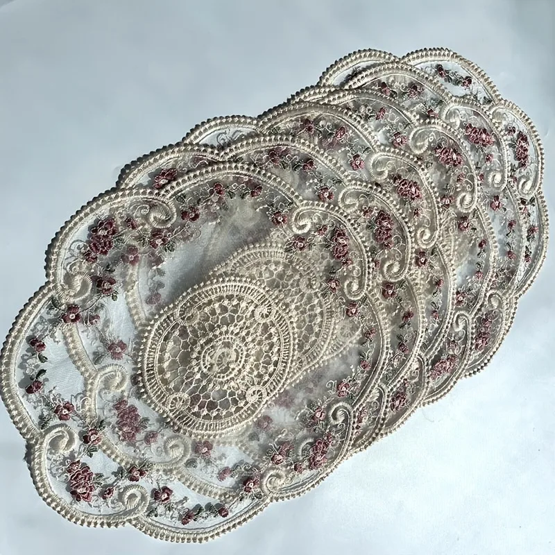 4/6pcs European Vintage Lace Embroidered Table Placemats Polyester Woven Rectangular Decorative Mats Hand Wash Photo Prop Decor
