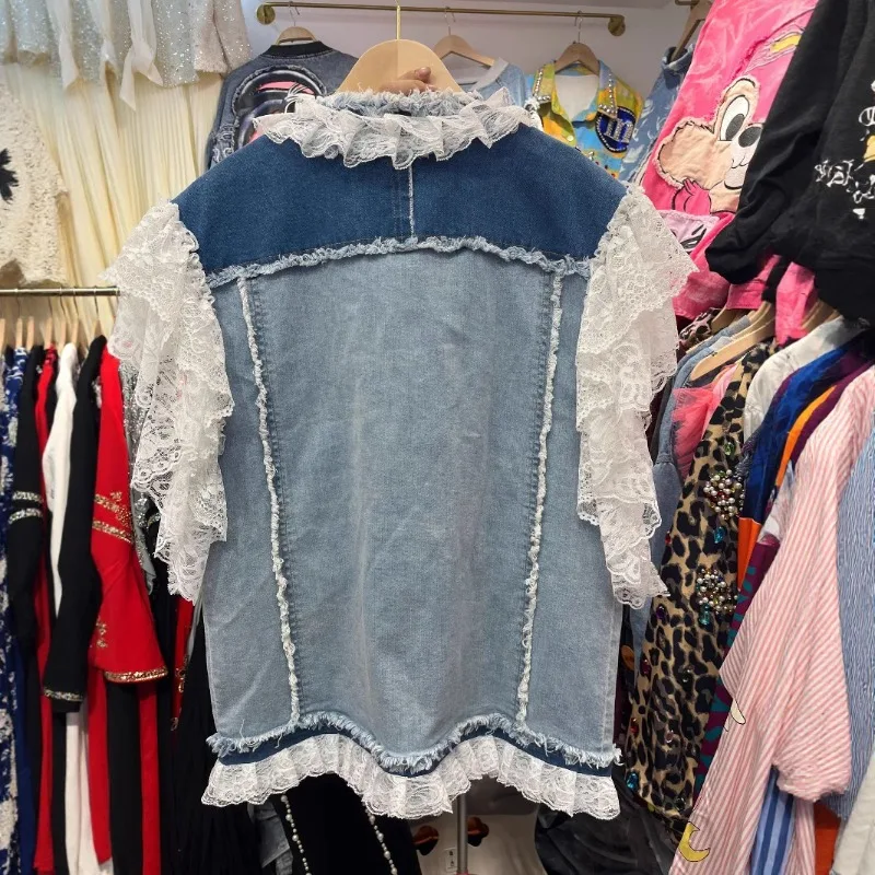 European Station Heavy Industry Rhinestone Lace Denim Vest Jacket For Women