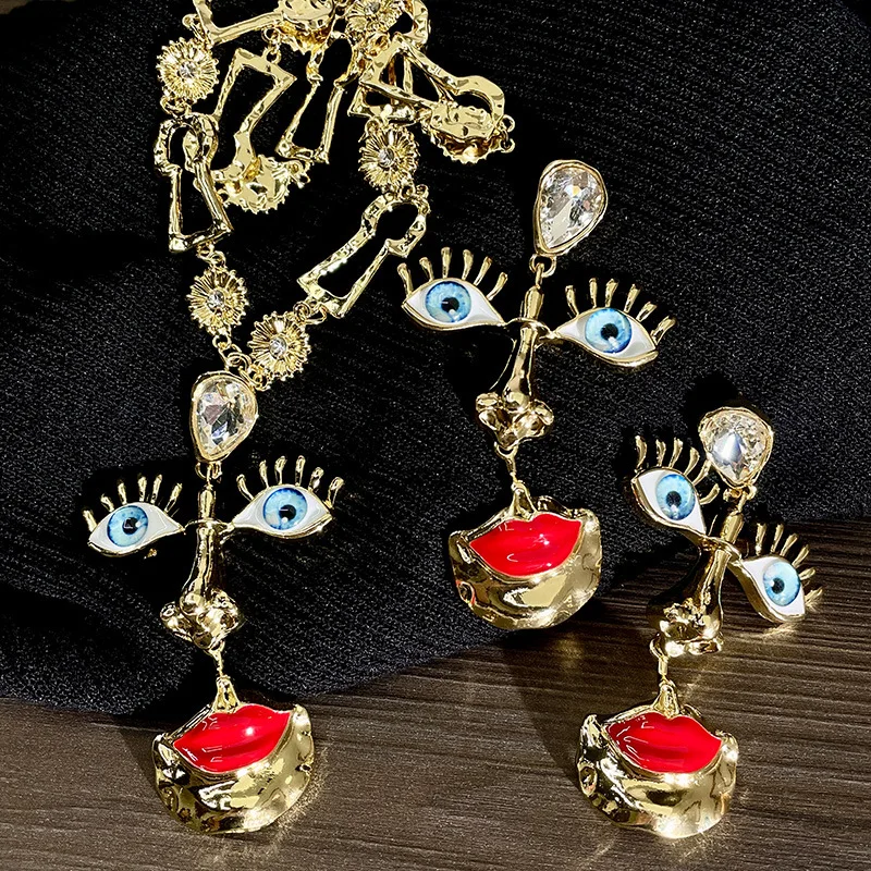 Lábios vermelhos nariz olhos pingente brincos e colar para mulheres, conjuntos de jóias design vintage, festa