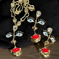Vintage Red Lips Nose Eyes Pendant Earrings and Necklace Design Jewelry Sets for Women Party