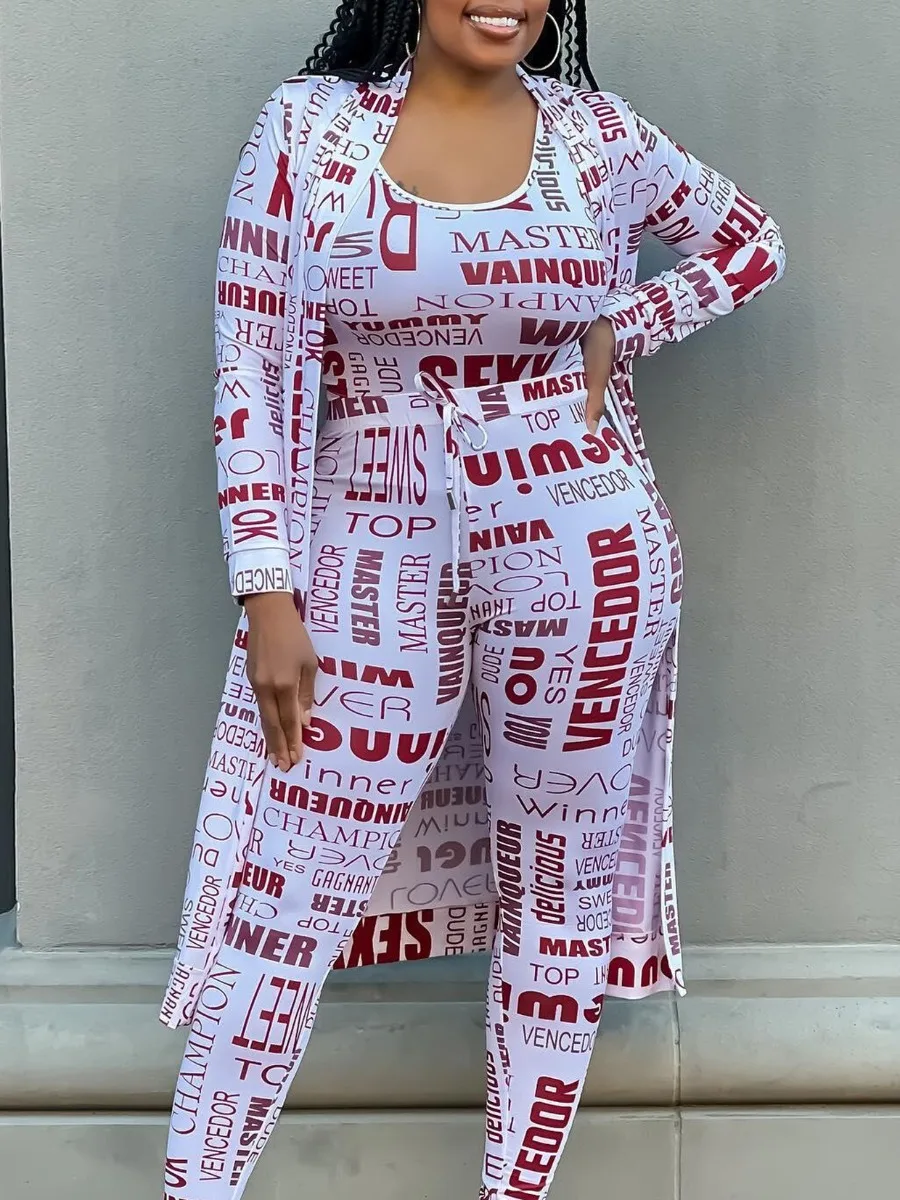 LW Plus Size set Cami Letter Print Drawstring Three Piece Pants Set Autumn Winter Women Set Long Coat & Cami &skinny pant set