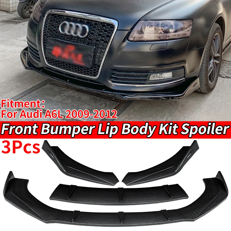 Carbon Fiber Look / Gloss Black 3Piece Car Front Bumper Lip Diffuser Spoiler Splitter Cover Trim For Audi A6 2009 2010 11 2012