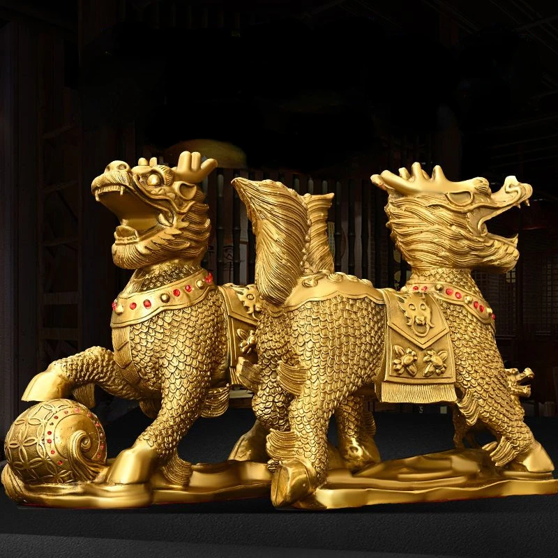 Chinese Fengshui Craft Eight Treasures Qilin Ornament Full Copper Auspicious Lucky Qilin Home and Office Desktop Decoration