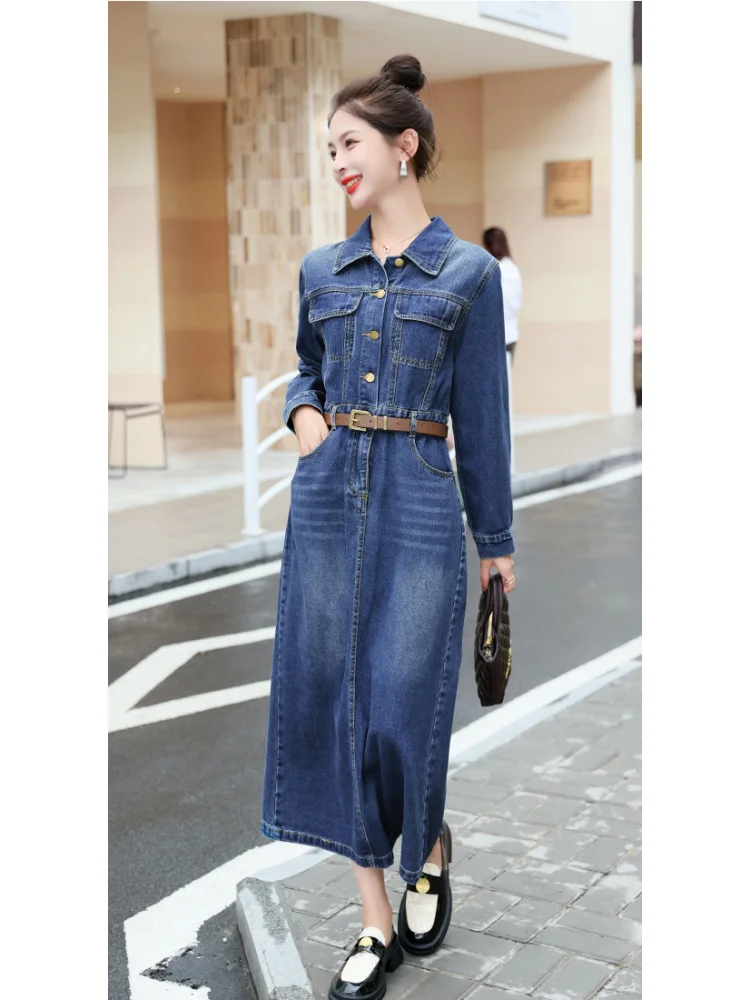 Ele Long Sve Denim Dr Women's Autumn New Sle Retro Unique Waist-Cinching A-Line Skirt Korean Sle  Collar