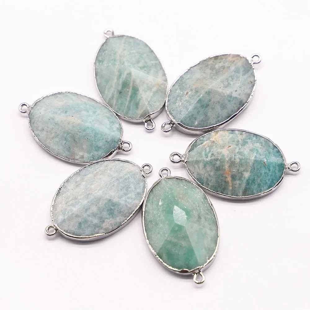 New Natural Stone Oval Amazons Slice Pendant Connector Mineral Healing Silver Plated Edge Necklace Charms Jewelry 4Pcs Wholesale