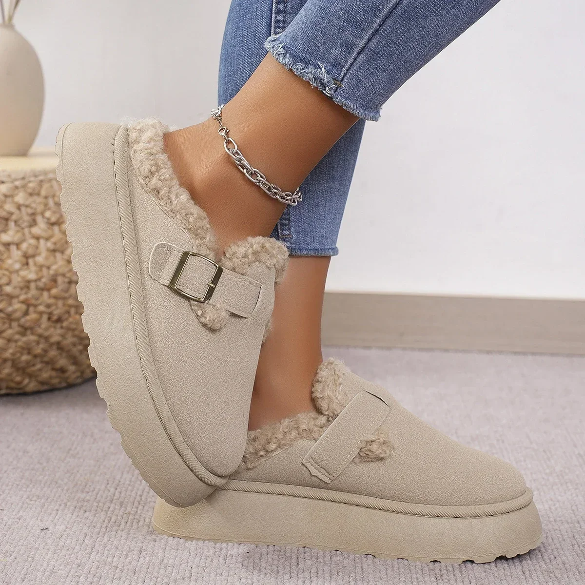 Chaussures Boken en peluche pour femmes, chaussures haricot rétro, coton, semelle plate, pantoufles, bottes à plateforme, luxe, mode, hiver, nouveau