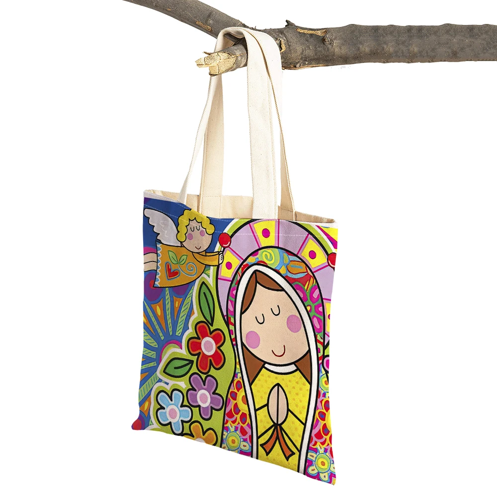 Ladies Shopping Bags Cartoon Virgin Mary Series Handbag Children Gift Cloth Women Shopper Bag Harajuku Style Student Linen Tote