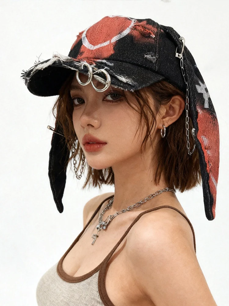 

Gothic Punk Cross Graffiti Baseball Cap Adjustable Metal Buckle Duckbill Hat Dark Ears Trendy Streetwear for Youth Summer Cap