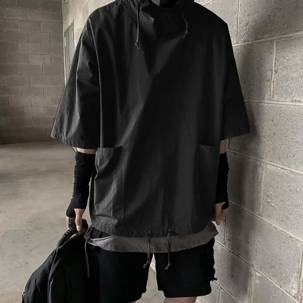 Hooded Jacket Loose-fitting Half Sleeve Breathable with Pocket Dress-up Polyester Men Hooded T-Shirt Pullover Top for Men