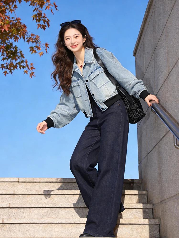 

Ретро-куртка из денима с воротником в стиле High Street, универсальная, женская, весенняя, новая модная короткая куртка свободного кроя с длинными рукавами для повседневной носки