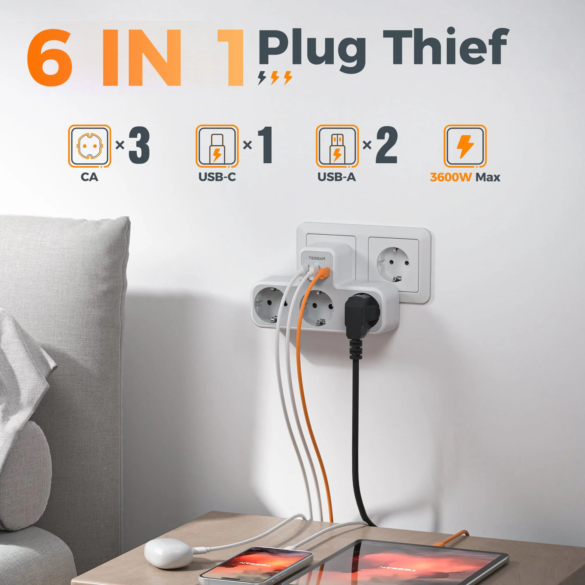 TESSAN Multiple EU Standard USB Socket Wall Socket 6-in-1 Extender Socket with 3 AC Outlets Adapter Wall Charger for Home Office
