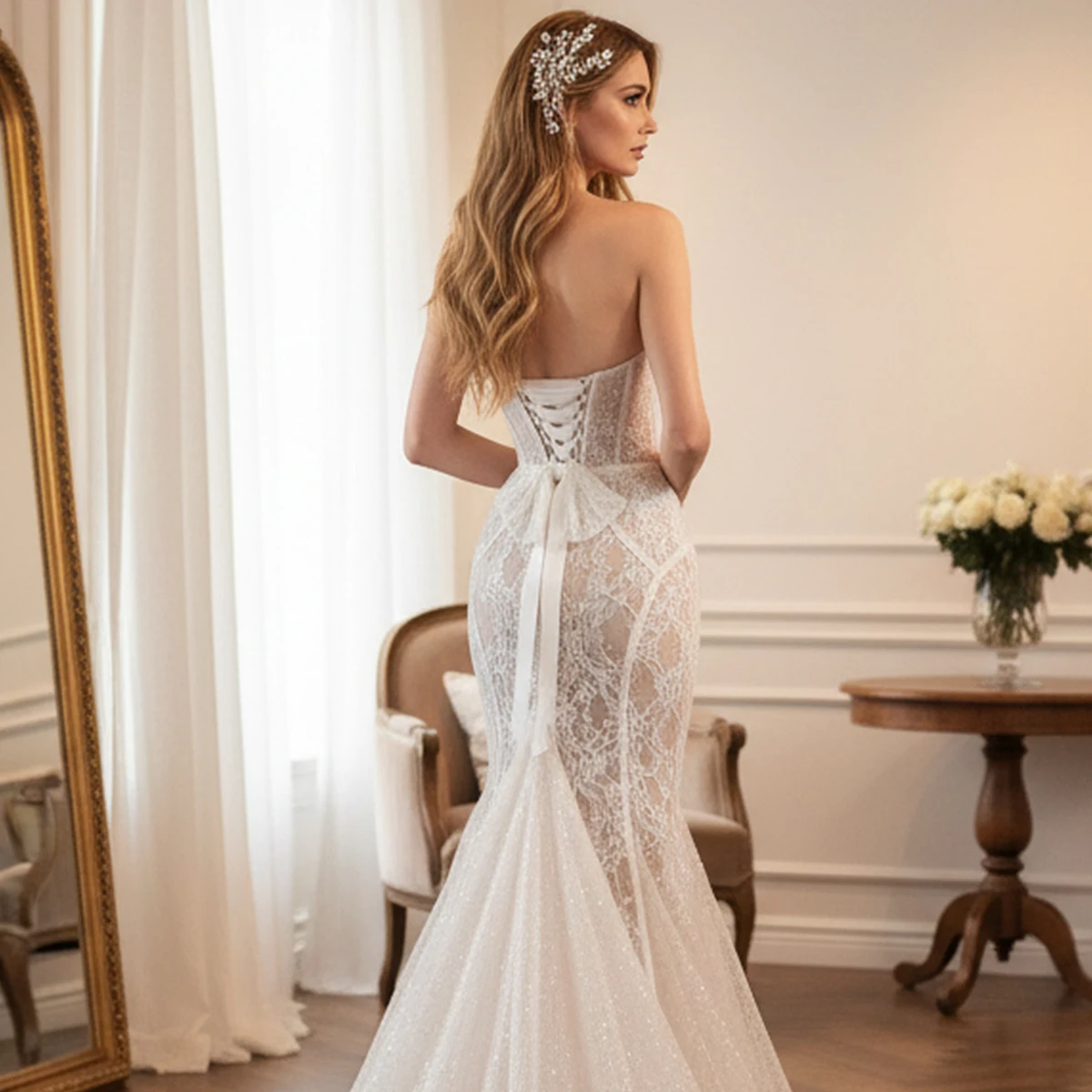 Vestidos de Novia elegantes de encaje con cola, vestido largo de sirena con escote en forma de corazón para fiesta de Novia para mujer, Vestidos de Novia