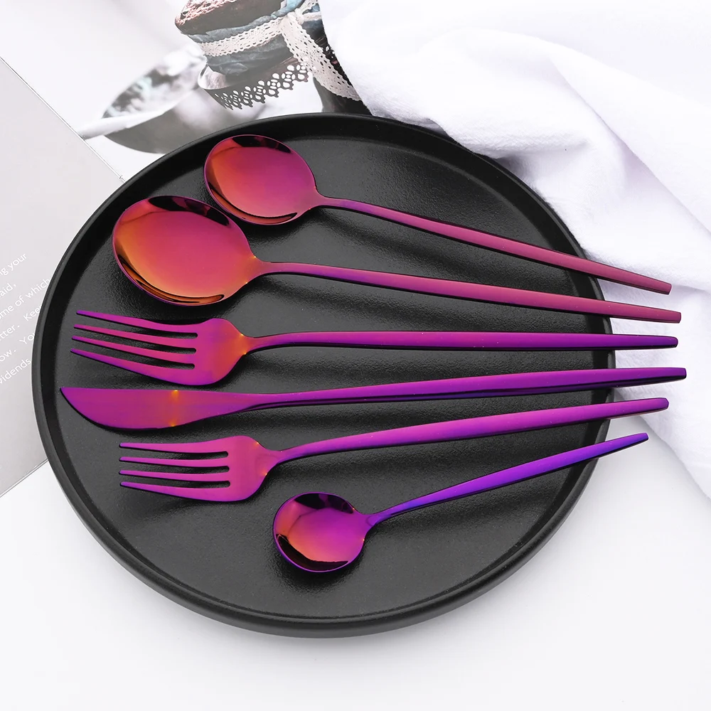 6Pcs Western Purple Dinnerware Cutlery Set Silverware Set Stainless Steel Flatware Steak Knife Dessert Fork Spoon Tableware Set