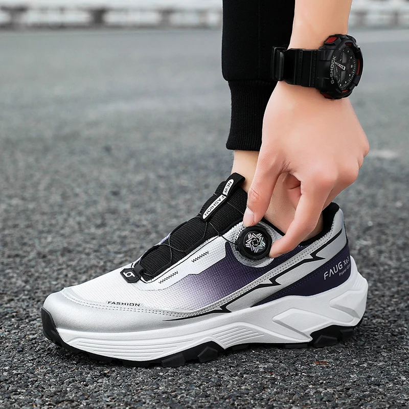 Men Rotating Buckle Trail Hiking Sneakers All Seasons, Breathable Large Size Outdoor Work Casual Shoes