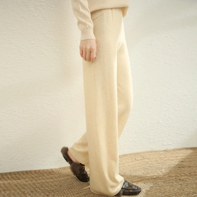 100% Pure Wool Cashmere Wide Leg Pants Women\'s Autumn and Winter High Waist Straight Floor Pants Loose Casual Wool Knitted Pant