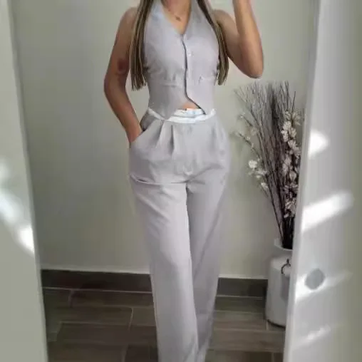 Elegante zweiteilige Sets mit V-Ausschnitt, geknöpftes Weste, ärmelloses Oberteil und hoher Taille, Tasche, gerade Hose, lässige Streetwear-Hosen-Sets 2025,