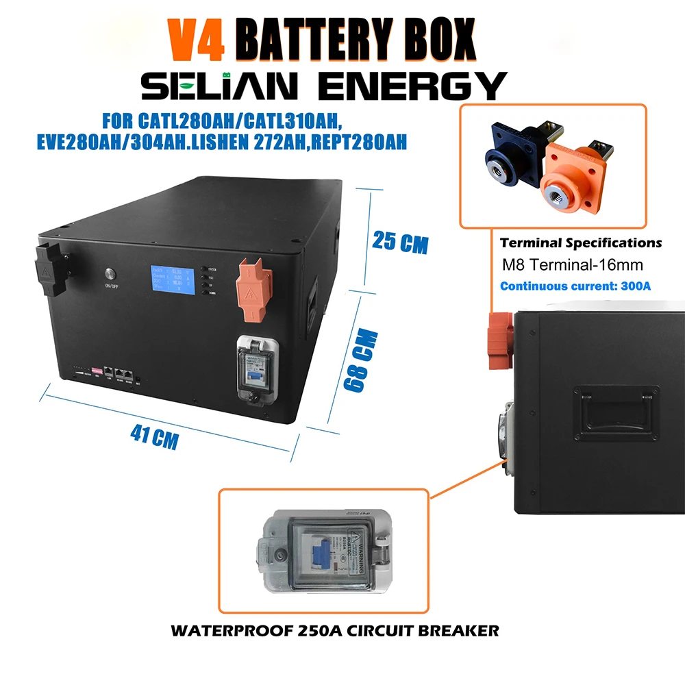 EU Stock 16S 48V LiFePO4 Battery Case DIY Kit 15kwh 51.2V 280Ah with JK 200A BMS for EVE/CATL/CALB 280Ah/310Ah/320Ah Cells DDP