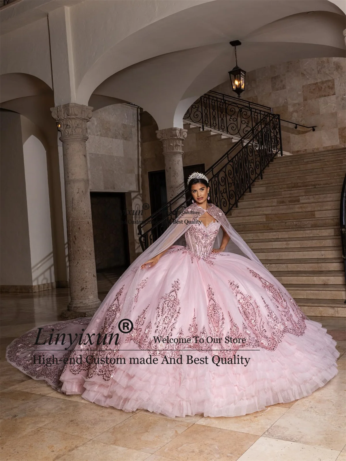 Vestido de Baile Princesa para Quinceañera com Apliques de Renda e Lantejoulas, Vestido Personalizado para Festa de 16 Anos, Vestido Mexicano de 15 Anos XV Anos