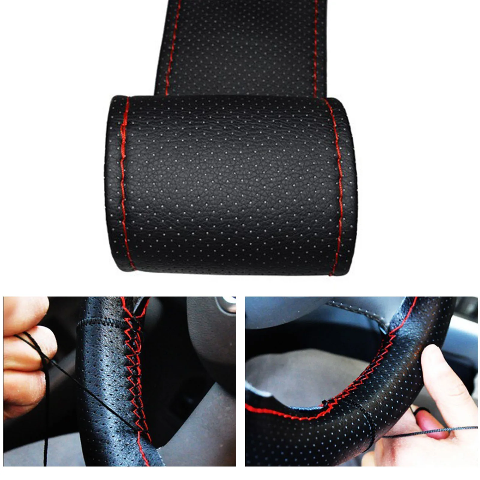 Car Steering Wheel Cover Universal For Car Hand Sewing Perforated Microfiber Leather Steering Wheel Cover 38cm Auto Exterior