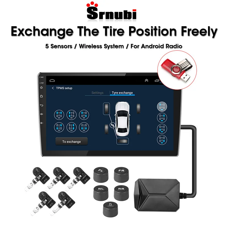 USB Android TPMS Tire Pressure Monitoring Alarm System Exchange The Tire Position Freely 5 Wireless External / Internal Sensors