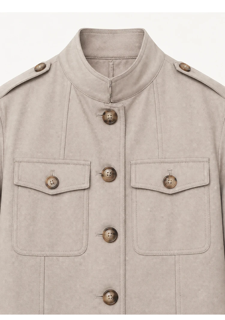 K2540W Luxuriöse Damen-Militärjacke aus Strukturiertem Wollmischgewebe mit Stehkragen, Tailliertem Schnitt und Eleganter Oberbekleidung – Detail 21