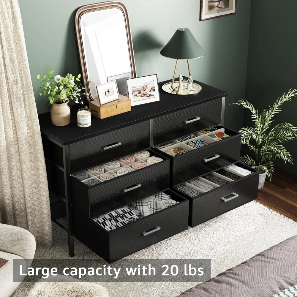 خزانة ملابس سوداء كبيرة لغرفة النوم 6 أدراج، وخزائن قماش واسعة وصناديق ذات أدراج حديثة