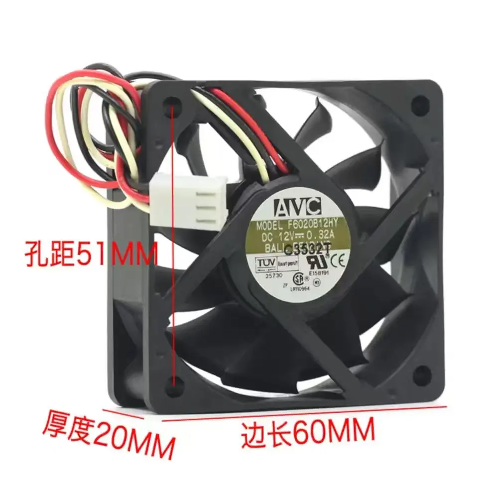 6cm Axial Fan for AVC F6020B12HY 60mm x 20mm DC 12V 0.32A Cooling Fan with Dual Ball Bearings and Speed ​​Measurement