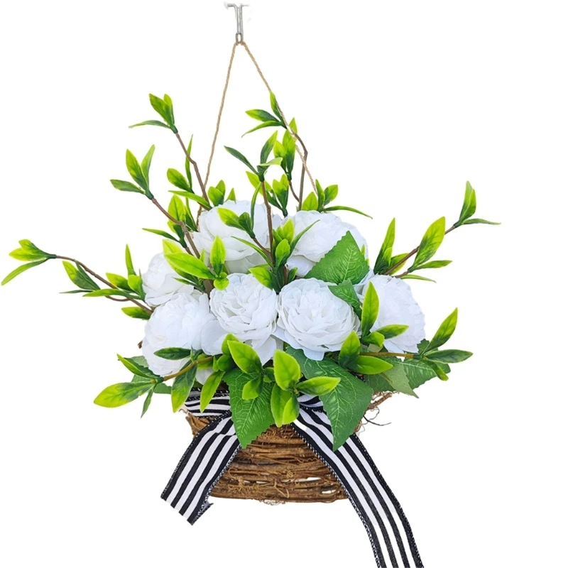 

Simulated Peony Hangings Basket Spring Wreath Door Hangings Basket for Front Door Porch Decorations