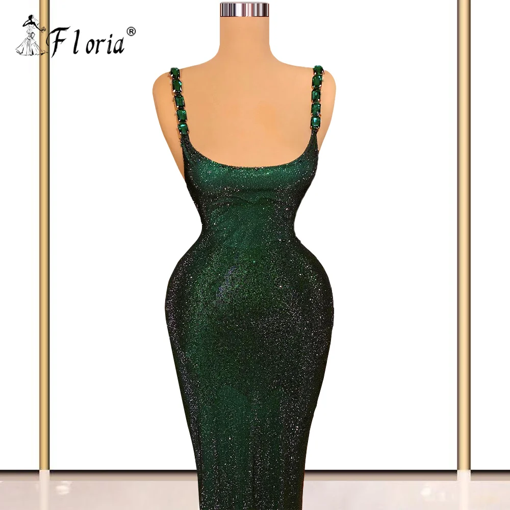 Eenvoudige Stijl Elegante Lange Formele Party Dress Dark Green Rhinestone Spaghetti Strap Mermaid Avondkleding Shiny Prom Gown