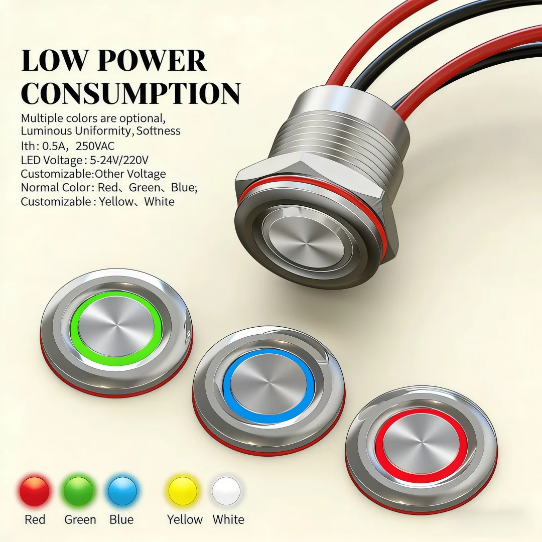 LANBOO 12MM IP67 Waterproof Tact Metal Push Button Switch Pre-wired Microcurrent 5-24V/220V 1NO