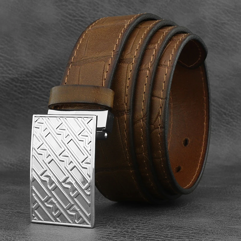 Cinturones marrones vintage de lujo de alta calidad para hombre, hebilla deslizante, cinturilla de diseñador en relieve, pantalones vaqueros de cuero genuino para hombre, ceinture homme