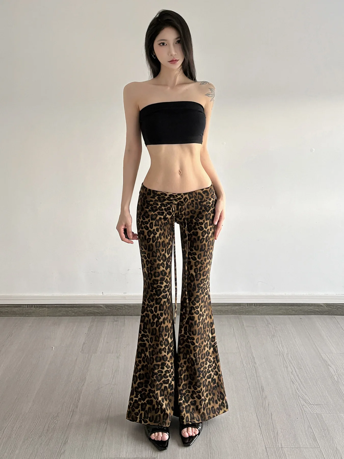 Vintage Leopard Print Micro Flare Pants Streetwear Casual Wide Leg Trousers